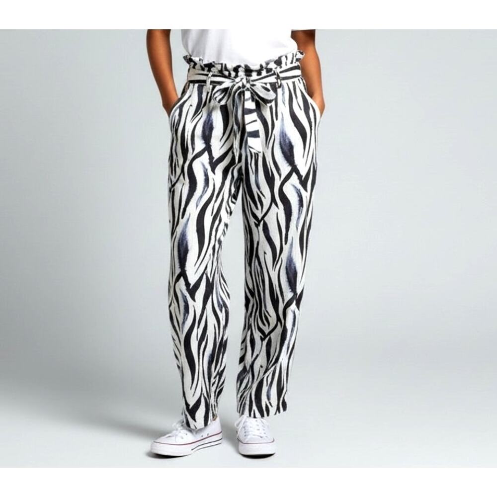 SIGAL Zebra Print Linen Cotton Blend Pants Tie Waist Lightweight Resort Size S